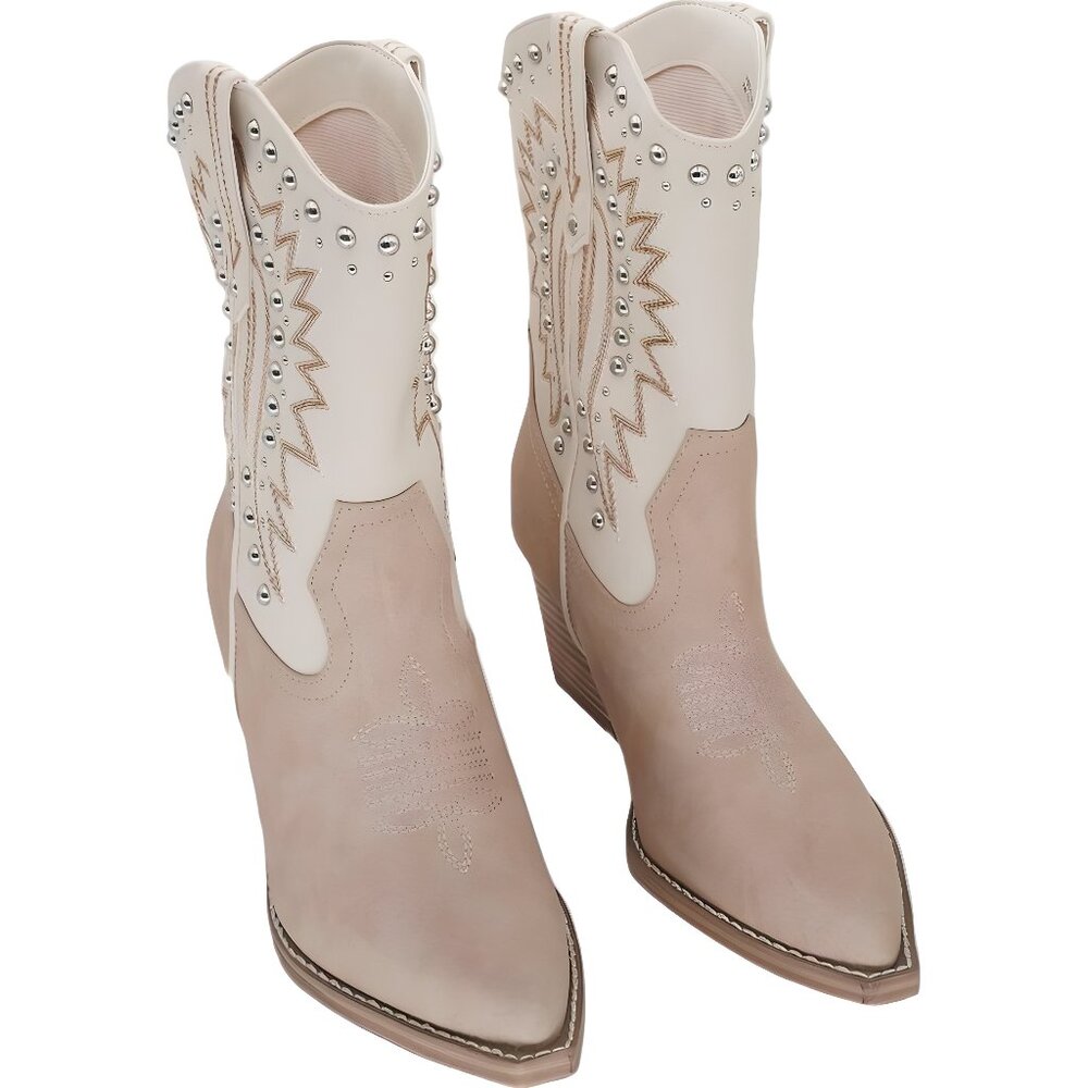 Aledo Women’s Studded Western Cowboy Boots Contrast Stitch Pointed Toe 6.5M